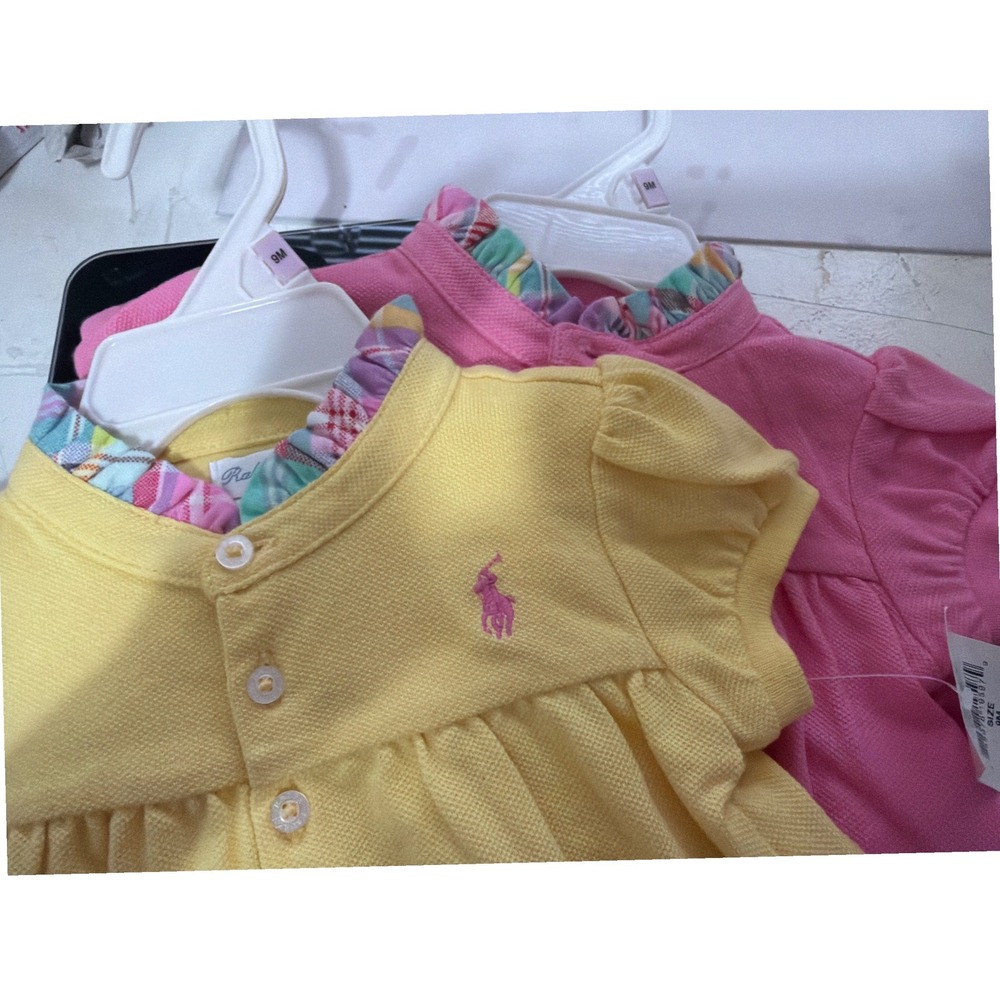 Ralph Lauren Baby Girls 2PK Polo Bubble Romper Yellow Pink Plaid Ruffle 9M NEW - Picture 8 of 9